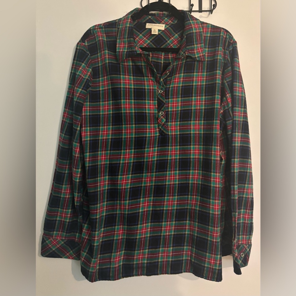 Appleseed's Womens XL Tartan Plaid Collared Long Sleeve Woven Top Blue Red Green